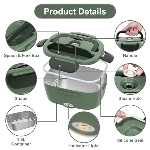 Vabaso Electric Lunch Box for Adults, 80W Heated Lunch Box Portable Food Warmer Lunch Box for Work/Men/Car/Truck with 1.5L 304 Stainless Steel Container Fork & Spoon, 110V/12V/24V view 5