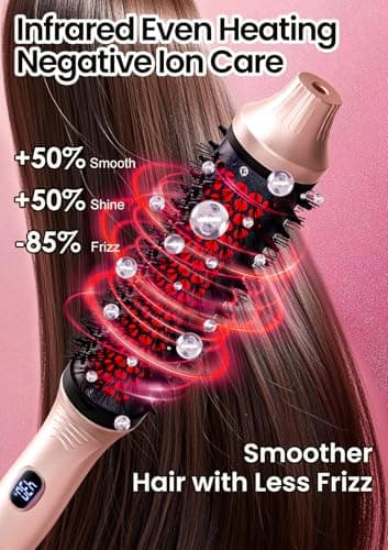 Infrared Thermal Brush 1.65”, 100M Negative Ions 2-in-1 Curling, Straightening & Smoothing Round Brush, 6 Heat Settings with LED Display, Lightweight Quiet, Dual Voltage, Auto Shut-Off, Pink Gift Box view 2