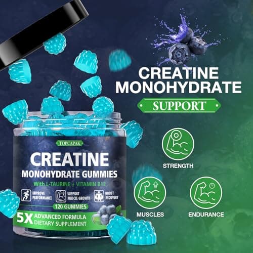 TOPCAPAK Creatine Gummies for Men & Women - Chewable Creatine Monohydrate Gummies with Taurine & Vitamin B12, 5g Creatine per Serving, Blueberry Flavor, Raspberry-Shaped - 120 Count view 2