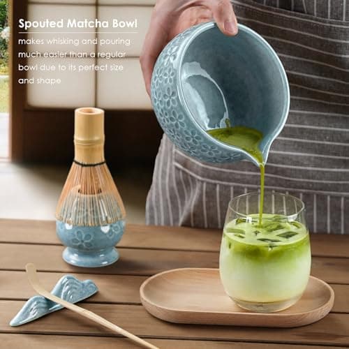 7Pcs Matcha Whisk Set, Matcha Set Whisk and Bowl,Bamboo Scoop, Scoop Rest, Sifter and Tea Towel, Matcha Kit W/Carved Cherry Blossm Pattern for Matcha Lovers (Sakura Blue) view 6