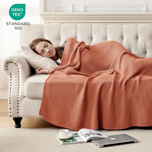 Joydeco Chunky Cable Knit Throw Blanket, Lightweight 100% Cotton Soft Cozy Throw Twin Blanket for Couch Bed and Sofa, Rustic Breathable Farmhouse Blanket Gift for Women Men(Burnt Orange, 60"x80") view 3