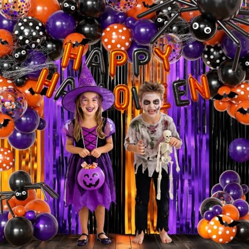 Orange Purple Black Balloon Fringe Curtains for Halloween Party Decorations view 6