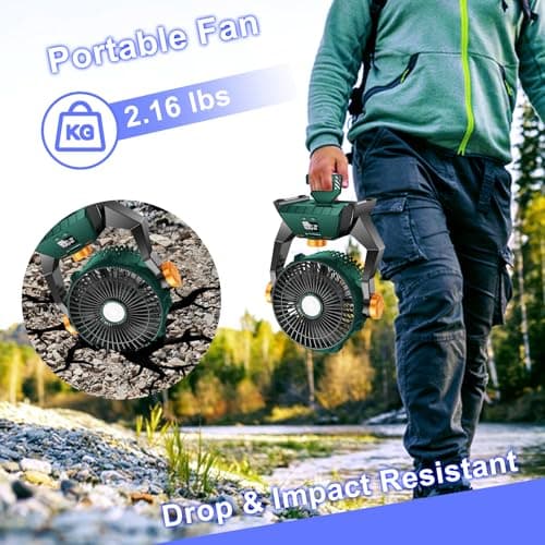 Camping Fan - Rechargeable Portable Battery Powered Camping Fans for Tents with LED Light, Power Display, Timers & 360° Hanging Hook, Ultra Quiet USB Personal Tent Fan for Fishing Travel Home Office view 5