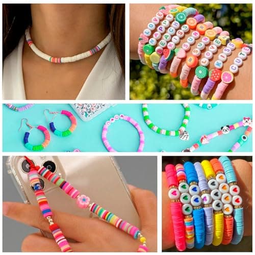 Sunlode Bracelet Making Kit 5000pcs, Jewelry Making Kit for Beginner, DIY Arts and Crafts Gift Toys for Kids Ages 6-13 Preppy Clay Beads with Charms Friendship Bracelets view 5