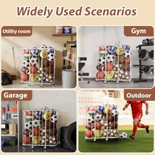 YKDIRECT 250L Rolling Ball Organizer with Locking Wheels - Large Sports Storage Basket for Basketball Soccer Football Volleyball, Steel Garage Equipment Cart with Elastic Rope for Household Storage view 7