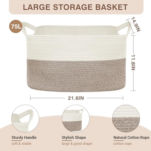 YOUDENOVA Large Blanket Basket, Rectangle Cotton Rope Storage Baske view 2