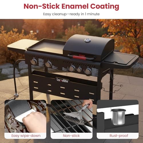 LAUDLIFE 5-Burner Propane Grill Griddle Combo with Side Burner, Dual Zone BBQ Gas Grill, Non-Stick Porcelain-Enameled Surface, Easy to Clean, 702 Sq.In. Cooking Area, Heavy-Duty Stand for Backyard view 4