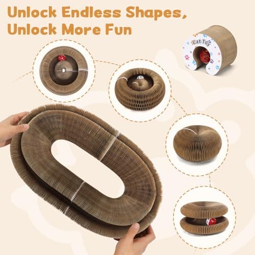 PETSWEET Magic Organ Cat Scratcher Cardboard, Interactive Scratch Cat Toy with Bell Ball, Foldable Scratching Board, Corrugated Cardboard Scratch Pad for Indoor Cats, Round(1PCS) view 3