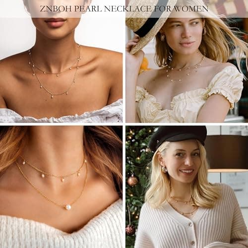 ZNBOH Pearl Necklaces for Women 14k Gold Plated Dainty Choker Layered Pearls Pendant Necklace for Girls Cute Simple Faux Pearl Necklace Trendy Thin Small Drop Chain Wedding Prom Bridal Jewelry Gift view 4