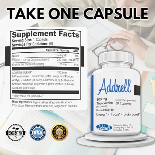 Focus Pep Addrell Energy Stimulant Pills- Natural Brain Alternative Adults | Nootropic Supplements & Cognitive Enhancer Substitute to Elevate Mental Focus, Memory, Alertness & Study Fatigue, 60 capsules view 2