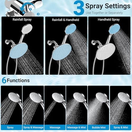 dual shower head with handheld combo,8.6 inch Rainfall showerhead,6 settings hand held shower heads with hose (Chrome) view 5