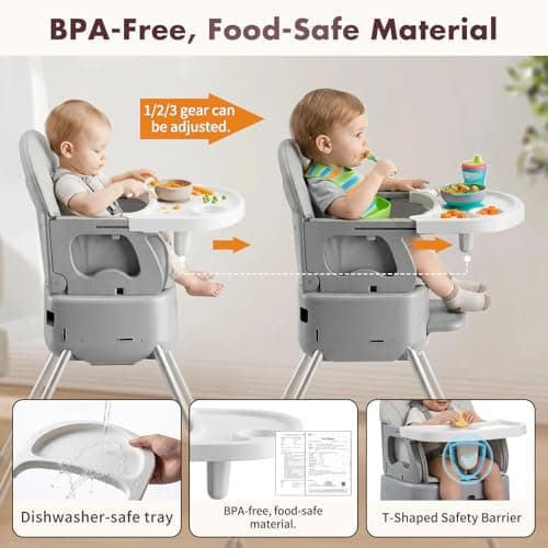 YOKISS 7 in 1 Convertible Baby HighChair for Babies and Toddlers,Adjustable Legs & Tray, Safe, Skin-Friendly Seat Cushion, Non-Slip & Stable, Supports up to 15kg Grey view 4