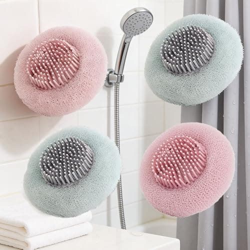 2-in-1 Sunflower Suction Cup Bath Ball, Exfoliating Mesh Shower Body Sponge with Cleaning Brush, Pink and Green, 2 Pack view 7