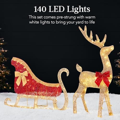 Best Choice Products 4ft Lighted 2D Reindeer & Sleigh Set, Christmas Holiday Deer & Sled Outdoor Yard Decoration w/ 140 LED Lights - Gold view 5