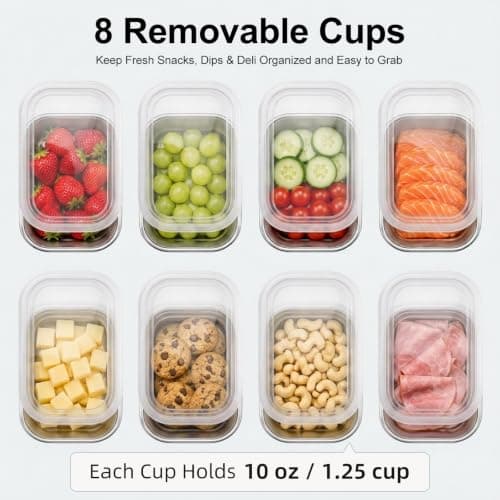 Helecors Stainless Steel Snackle Box Container with Individual Lids, 8 Removable Cups & 4 Forks, Portable Dishwasher Safe Snack Box for Kids Sports, Road Trips & Picnics view 3