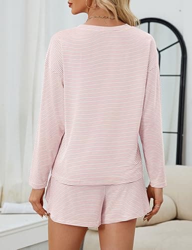 JUSTFASHIONNOW Womens Pajama Sets Striped Two Piece Lounge Sets Long Sleeve Top and Split Shorts Print Sleepwear Comfy Pjs view 5