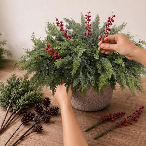 12 Artificial Christmas Cedar Branches, 17.5", with 3 Red Berry Picks | Real Touch Pine Stems with Red Berry Accents for Planters, Vases, Wreaths, Garlands, Mantels and Christmas Decor view 6