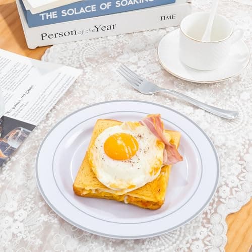 PULOTE 100PCS Silver Plastic Plates - 10 Inch Heavy Duty White with Silver Trim Plastic Dinner Plates Disposable for Dinenr, Party, Wedding & Christmas view 5