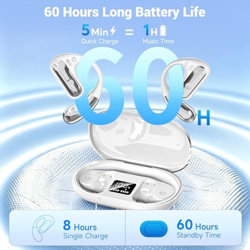 Open Ear Headphones, Bluetooth 5.4 Wireless Earbuds with Ear Hooks, 60H Playtime, AI Clear Call, LED Display Charging Case, IPX7 Waterproof Sports Earphones for Running Workouts Commute, White view 2