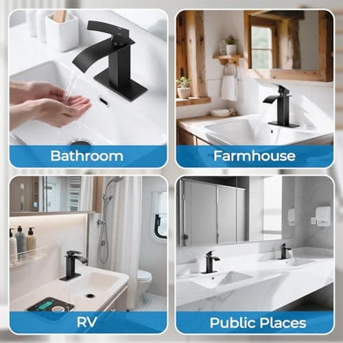 RNDIOZD Matte Black Bathroom Faucet with Waterfall Spout and Pop-up Drain | SUS 304 Stainless Steel, Single Handle, 1 or 3 Hole Sink, Vanity Faucet, Deck Plate, Supply Hoses, NSF372 NSF61 cUPC view 4