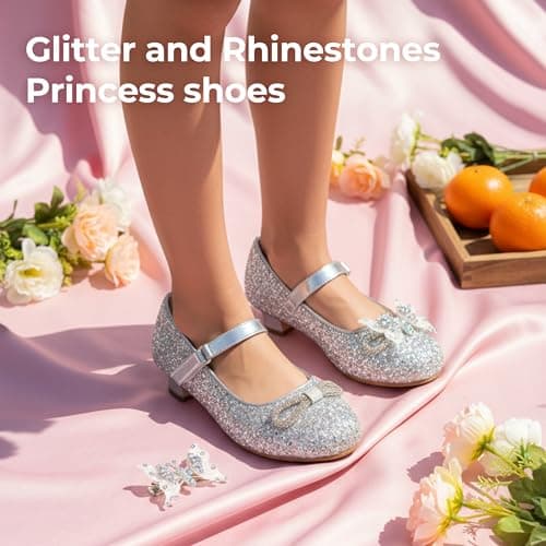 PATPAT Girls Dress Shoes Glitter Shoes with Butterfly Hair Clips, Sequins Rhinestones Bowknot Princess Low Heels Mary Jane Footwear Heels for Girls view 2