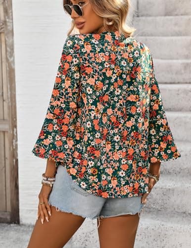 LOOKBOHO Womens Boho Tops Ruffle 3/4 Sleeve Button V-Neck Dressy Casual 2026 Fall Bell Sleeve Floral Business Blouses view 3