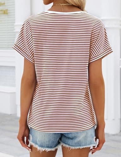 JUSTFASHIONNOW Womens Striped Henley T Shirts Short Sleeve V Neck Summer Tops 2026 Button Front Dressy Casual Blouses view 5