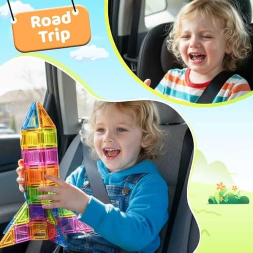 Mini Magnetic Tiles,78PCS Travel Magnetic Tiles Set with Iron Box,Portable Building Blocks for Kids Ages 3+,Car Airplane Travel Essentials Kids Toy,Creative STEM Toys Birthday Gift for Boys & Girls view 3