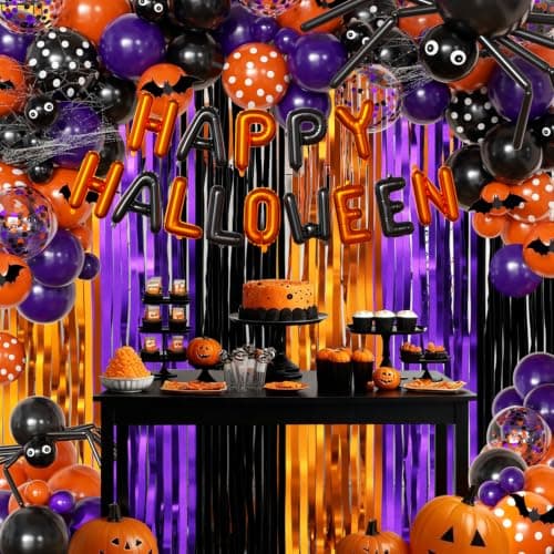 Orange Purple Black Balloon Fringe Curtains for Halloween Party Decorations view 3
