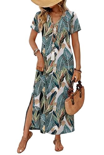 OFEEFAN Summer Dresses for Women 2026 Maxi Dress Short Sleeve Sundresses with Pockets Beach Vacation Spring Outfits view 2