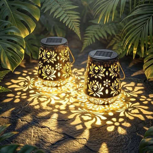 Edenseelake 2 Pack Solar Hanging Lanterns Outdoor Waterproof, Metal Flower Solar Lights, Decorative LED Lantern for Garden, Patio, Porch, Yard, Lawn, Bronze view 1