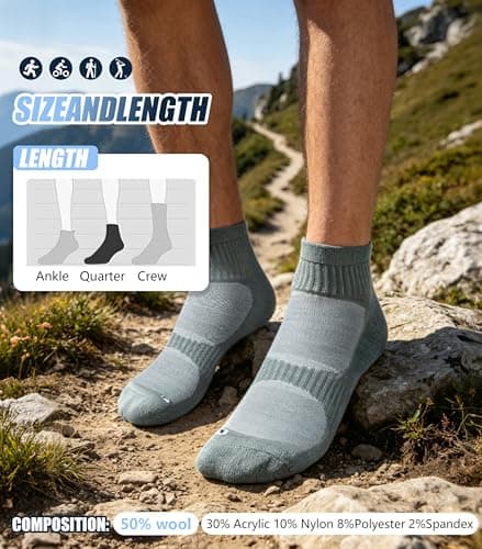 RTZAT 3 Pairs Merino Wool Ankle Socks for Men Women - Breathable, Arch Support, Padded Workout Year-Round Wear view 3