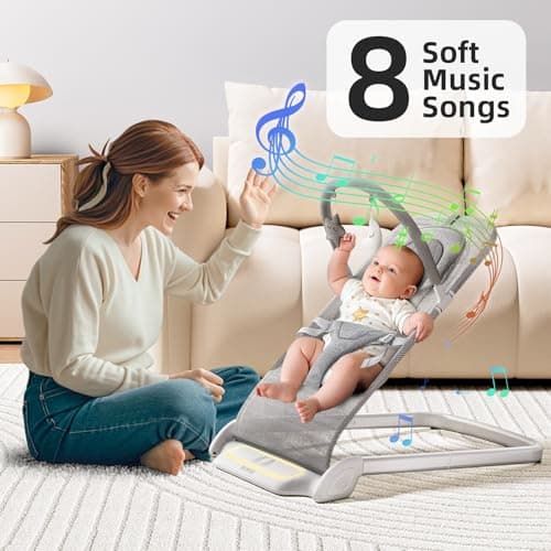 Derson Baby Bouncer, Portable Baby Bouncer Seat for Babies 0-6 Months, Infant Bouncer Chair Newborn with 8 Soothing Music, Foldable, Natural Vibrations (Gray) view 7