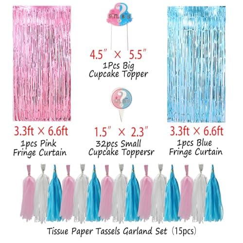 200 Pcs Gender Reveal Decorations Kit, Boy or Girl Gender Reveal Supplies | Baby Reveal Supplies with 36" Gender Reveal Balloon, Boy or Girl Banner, Mommy to Be Sash, Fringe Curtains & Photo Props view 5