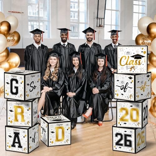 OHOME 8 Pack Graduation Decorations 2026 - Black Gold Balloon Boxes for Class of 2026 Party Favors Supplies - Graduation Party Decorations 2026 Yard Signs Banner Backdrop Decor (Black) view 6