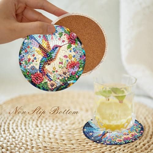 Axquilon Diamond Art Coasters Kit for Adults, 8 Pcs Hummingbirds Diamond Painting Coasters Kit with Holder, DIY Non Slip Art Supplies 4x4in view 2