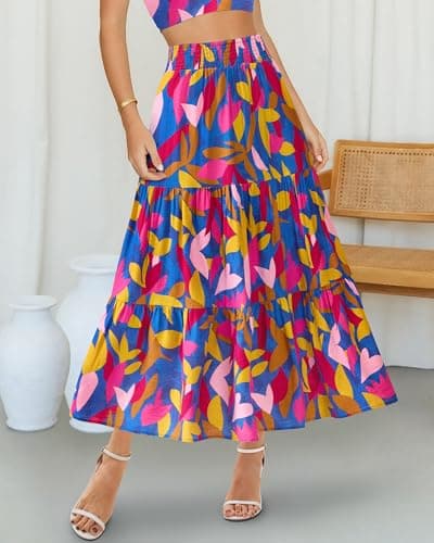 BTFBM Skirts for Women Summer 2026 Floral Print A Line Elastic High Waist Boho Maxi Skirt Spring Fashion Clothing Pocket view 3