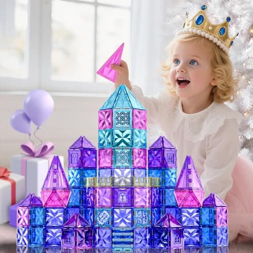 SKTMYY 114pcs Magnetic Tiles for Kids, 3D Diamond Princess Ice Castle view 6