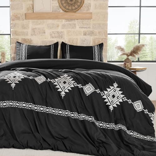 Embroidered Comforter Set Queen, 3-Piece Boho Bedding, Black — image 1