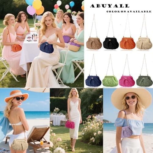 straw purse for women vacation small Vintage raffia summer beach rattan woven crossbody bags Straw-shell-tan view 3