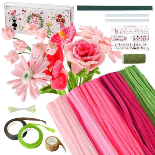 JollyPetal&Twig Pipe Cleaners Craft 5 Colors,Chenille Stems Plush Craft Kit,Pink Pipe Cleaners Flowers Kit with Floral Tape for Wedding Gifts Graduation Bouquet (Pink) — image 1