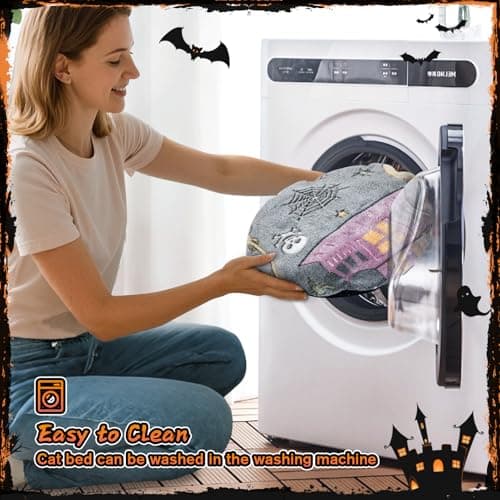 Tidjani Halloween Cat Tunnel Bed, Cat Tunnels for Indoor Cats with Bat Wings, Foldable Pet Donut Bed with Middle Mat and Dangling Balls, Pet Play Toy with Ghost, Spider Web Pattern Decorations view 5