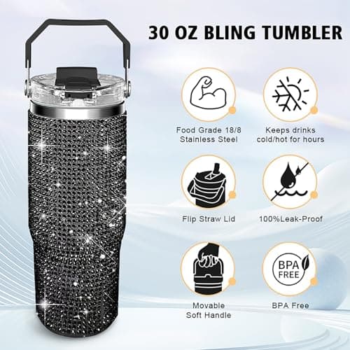 30oz Bling Rhinestone Studded Tumbler with Top Handle, Bling Cups Stainless Steel Water Bottle Diamond Glitter Tumbler for Women - Birthday Gifts for Women, Mom,Get Well Soon Gifts (Black) view 3