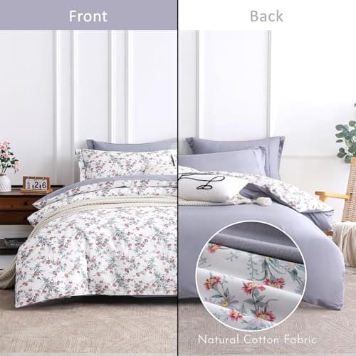 ALEISSEL White Floral Cotton Comforter King Size - 3PC Lightweight Bedding Sets with Soft Fill, Elegant Pale Purple & Burgundy Botanical Patterns with Light Gray Reversible Design view 5