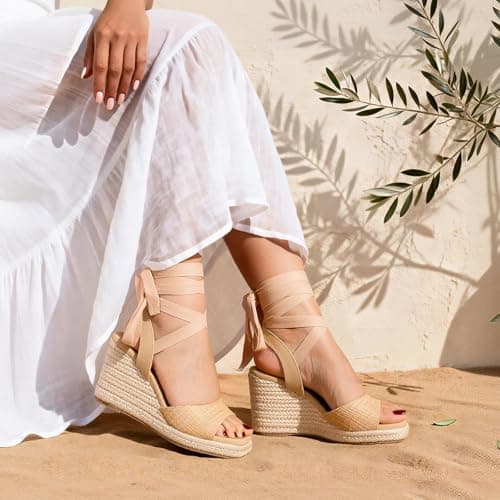 EQAUDES Womens Espadrilles Wedge Sandals Platform Square Toe Ankle Strap Lace Up Summer Shoes view 2