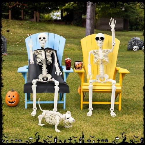 Halloween Decorations Outdoor 36 Inch Realistic Posable Skeleton With Dog | 3ft Full Body Posable Skeleton Plastic Bones Movable Joints Halloween Party Yard Haunted House Props Indoor Decor view 3