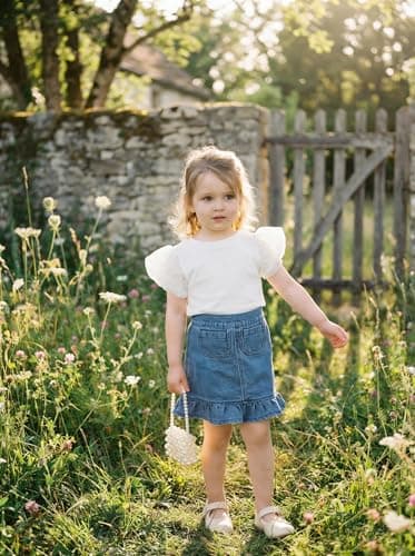 vfvBaby Toddler Baby Girl 2 Piece Outfit White Tulle Puff Sleeve Top & Denim Ruffle Skirt Set Infant Casual Summer Clothes view 4