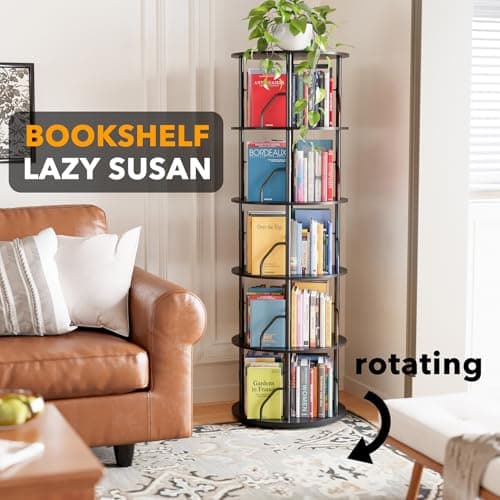 SpaceAid 5 Tier Rotating Bookshelf Tower, 360 Display Stackable Spinning Bookcase, Space Saving Revolving Round Book Shelf, Floor Standing Swivel Corner Organizer, Black view 4