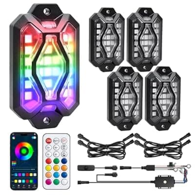 Five-Sided RGB Rock Lights - 4 Pods Multicolor Glow App/Remote Control, Music Sync, Brake Turn Signals, Easy Dual Wiring, Wheel Well Lights Underglow Kit Compatible for Car Trucks Jeep SUV UTV ATV