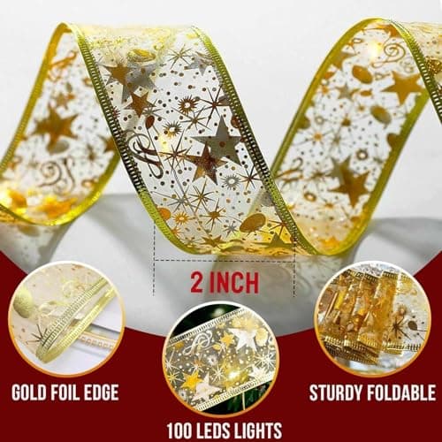 YUNGSUN Gold Christmas Tree Decorations Ribbon Lights, 64ft 200 LED String Lights, Battery-Powered Copper Wire Ribbon Lights for Holiday Party Weddings Indoor Christmas Tree Decorations view 4